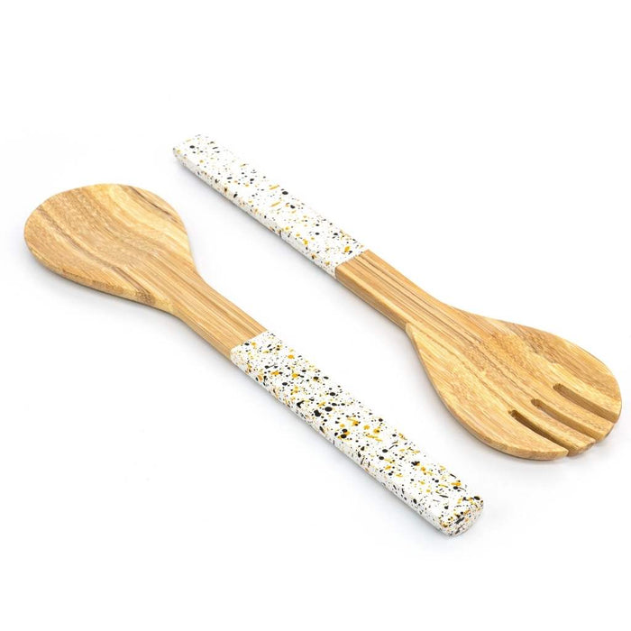 Jungle Culture Bamboo Salad Server Set | Salad Tongs White (Spoon & Fork)